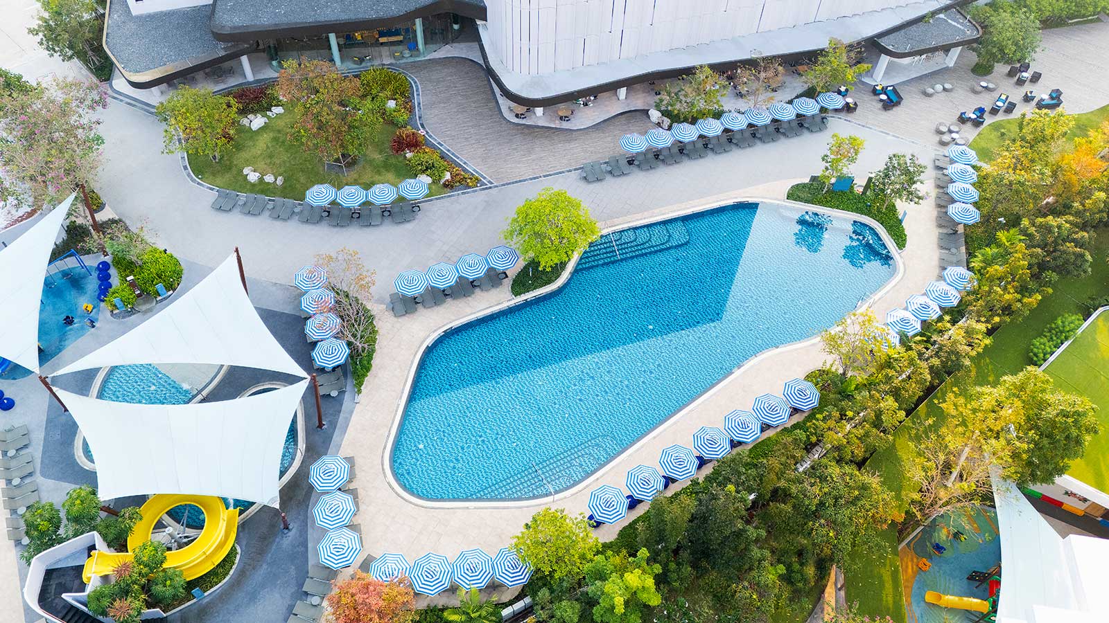 Exterior SPLASH Pool Overview Drone Shot